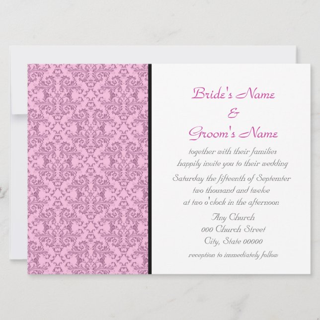 Invitaciones de boda damasco negro blanco rosa (Anverso)