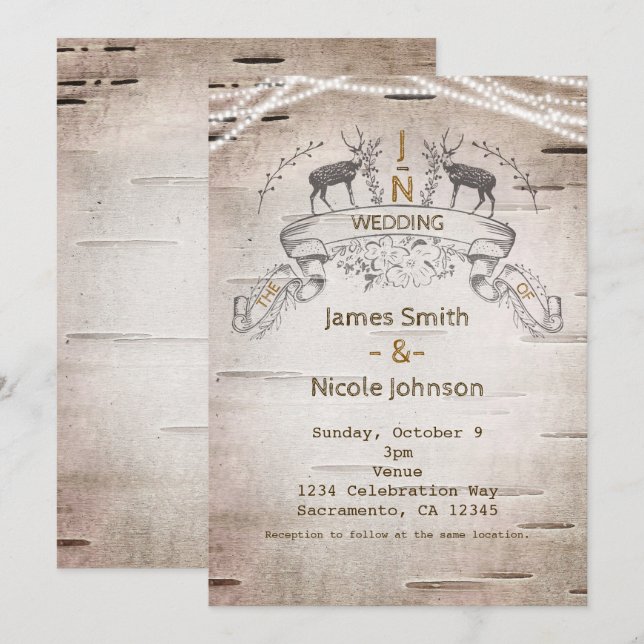 Invitaciones de boda de abedul con ciervo y ramas  (Anverso / Reverso)