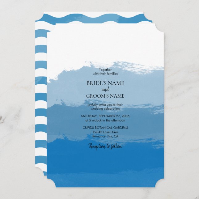 Invitaciones de boda de acuarela de agua azul de p (Anverso / Reverso)