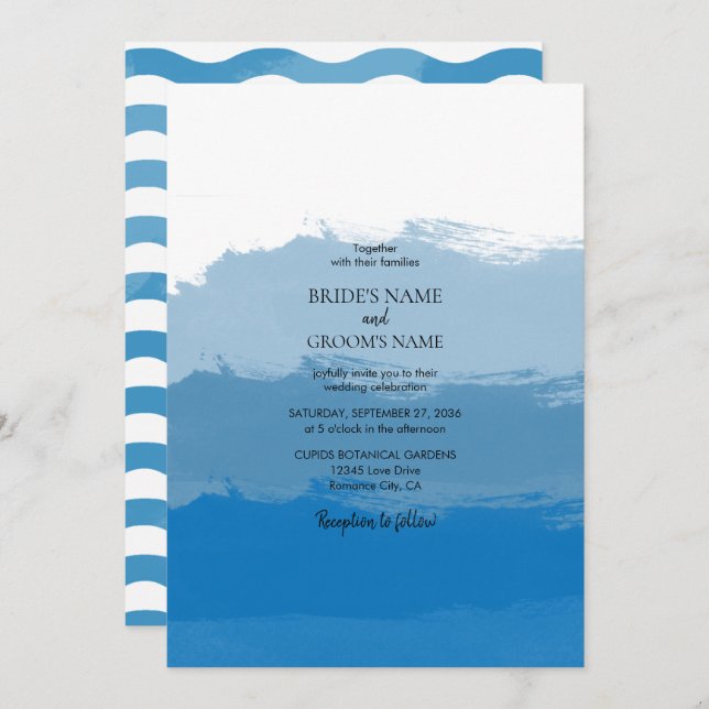 Invitaciones de boda de acuarela de agua azul de p (Anverso / Reverso)