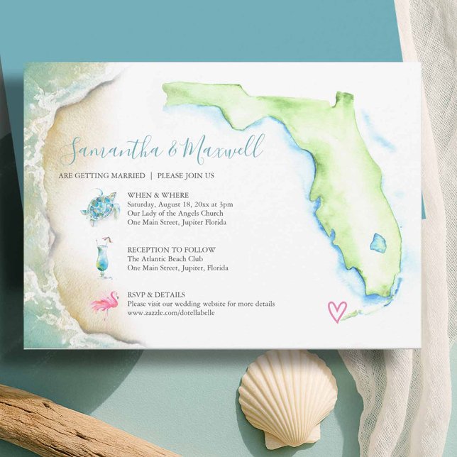 Invitaciones de boda de acuarela de playa de Flori (Florida invitations for Weddings on the beach designed with a watercolor map and shoreline)