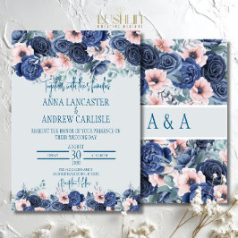 Invitaciones de boda de acuarela rosa y azul marin