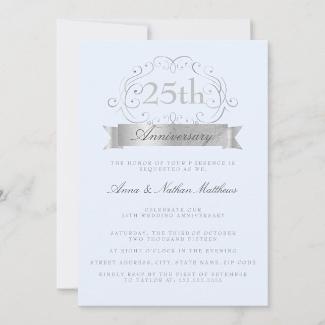 Invitaciones de boda de aniversario de plata y azu (Anverso)