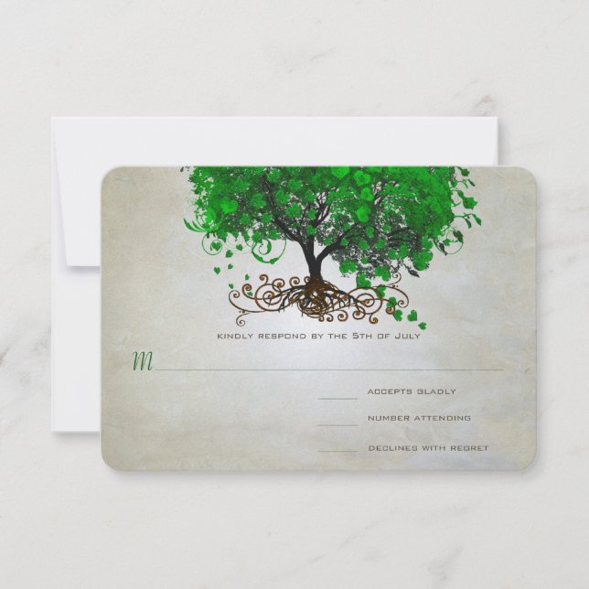 Invitaciones de boda de árbol con hoja de corazón  (Anverso)