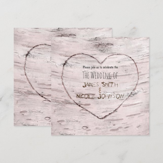 Invitaciones de boda de árbol de abedul y corazón  (Anverso / Reverso)