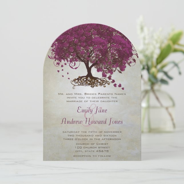 Invitaciones de boda de árbol de hoja de corazón d (Anverso de pie)