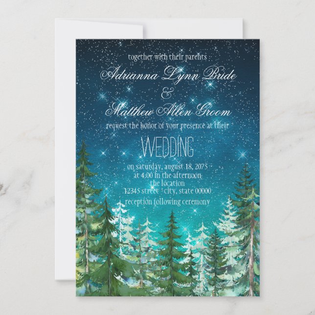 Invitaciones de boda de árbol del bosque de noche  (Anverso)
