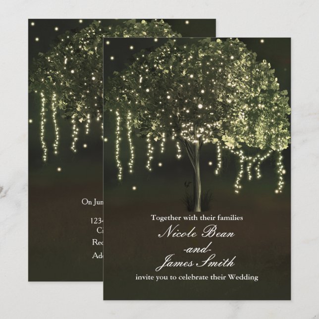 Invitaciones de boda de árbol iluminado musgoso rú (Anverso / Reverso)