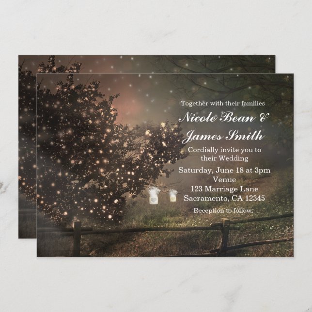 Invitaciones de boda de árbol iluminado rústico en (Anverso / Reverso)