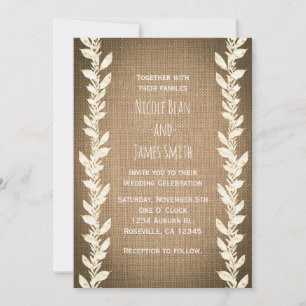 Invitaciones de boda de arpillera rústica y hojas