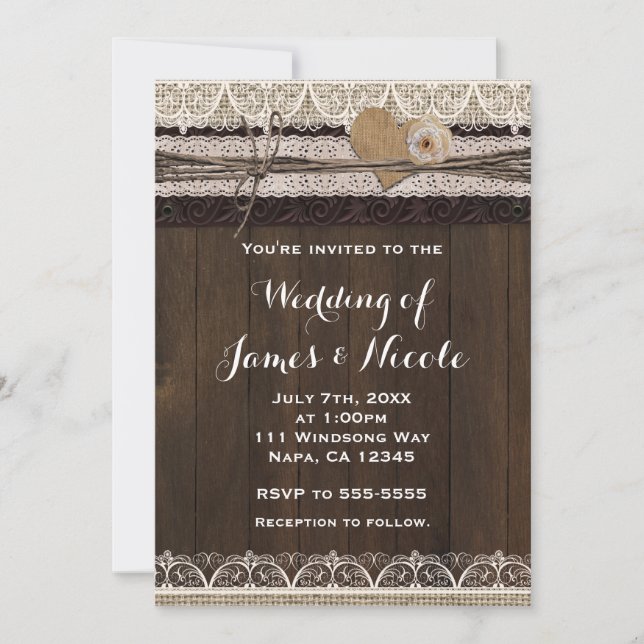 Invitaciones de boda de arpillera rústica y madera (Anverso)