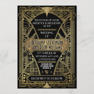 Invitaciones de boda de Art Decó de Vintage Black