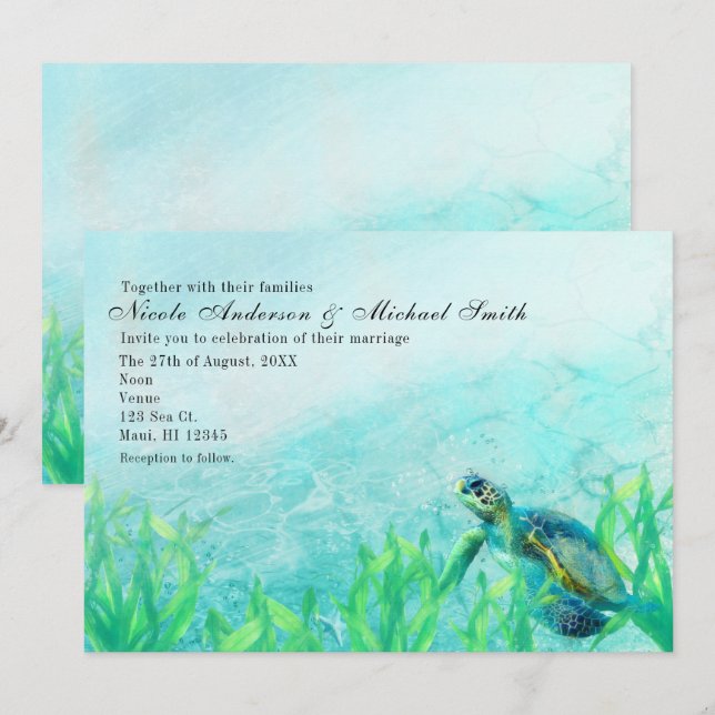 Invitaciones de boda de arte de playa de tortuga m (Anverso / Reverso)