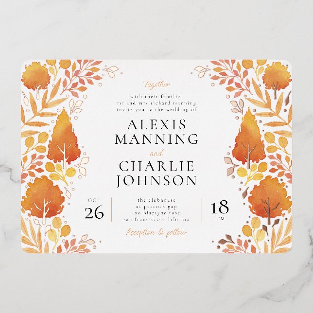 Invitaciones de boda de bosque de otoño en acuarel (Anverso)