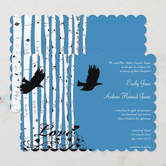 Invitaciones de boda de bosque de pájaros de amor  (Anverso / Reverso)