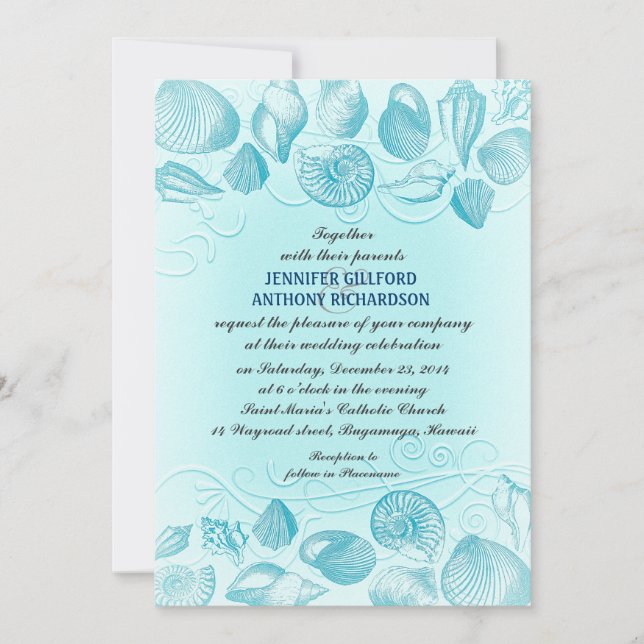 invitaciones de boda de conchas azules claras (Anverso)