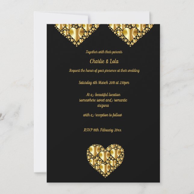 Invitaciones de boda de corazones dorados fondo ne (Anverso)