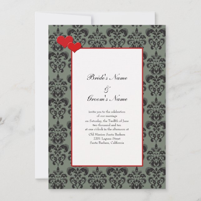 Invitaciones de boda de Damasco con borde rojo aut (Anverso)