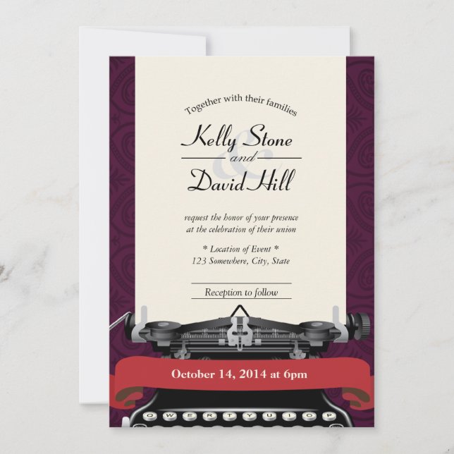 Invitaciones de boda de damasco de máquina de escr (Anverso)