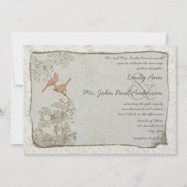 Invitaciones de boda de damasco de pájaros de cora (Anverso)
