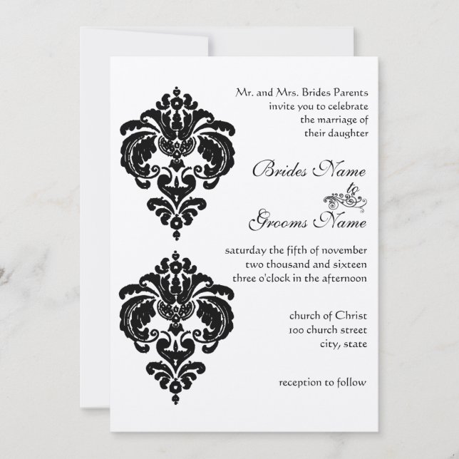 Invitaciones de boda de Damasco Negro (Anverso)