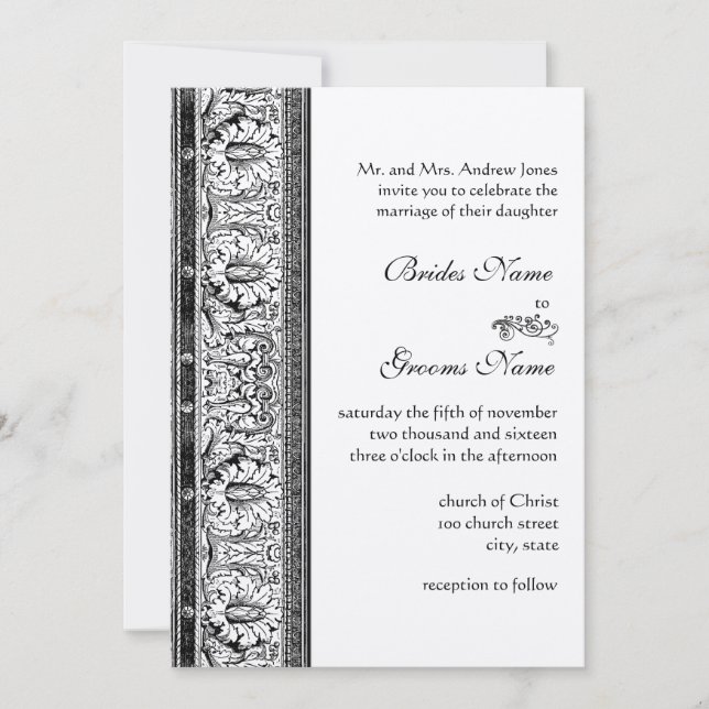 Invitaciones de boda de Damasco Negro (Anverso)