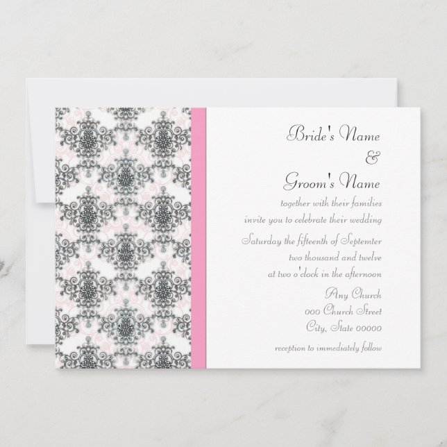 Invitaciones de boda de damasco negro blanco y ros (Anverso)