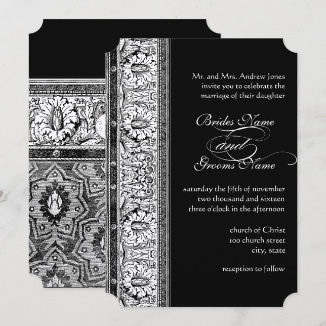 Invitaciones de boda de damasco negro Deco (Anverso / Reverso)