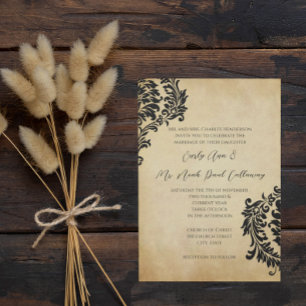 Invitaciones de boda de damasco negro vintage dora