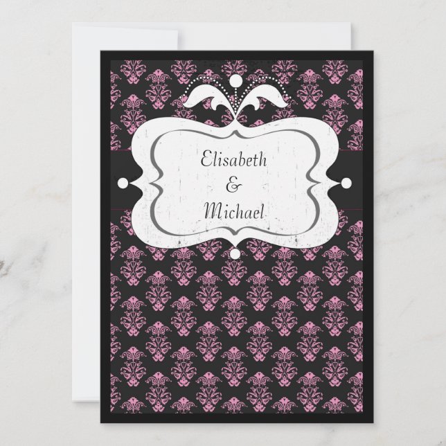 Invitaciones de boda de damasco rosa y negro (Anverso)