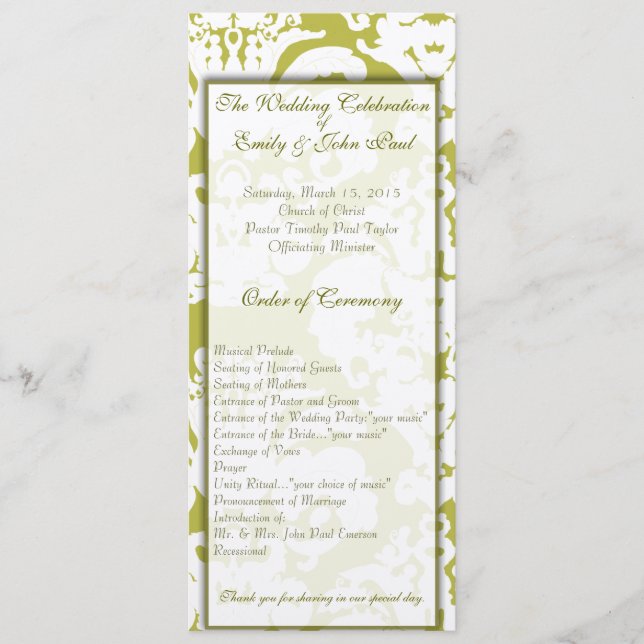 Invitaciones de boda de damasco verde (Anverso)