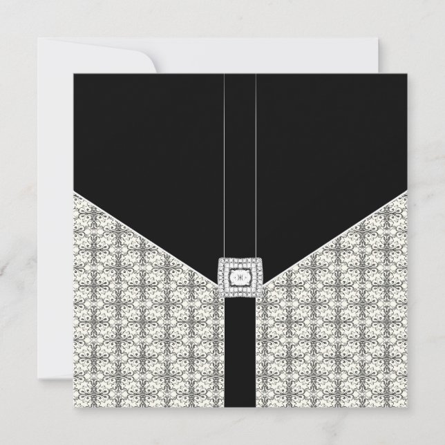 Invitaciones de boda de encaje de Damasco negro co (Anverso)