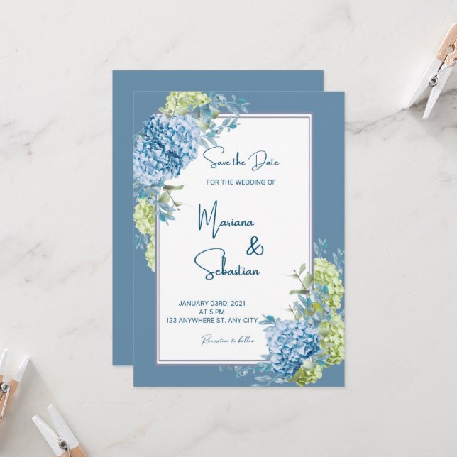 invitaciones de boda de flores azules (Anverso/Reverso In Situ)