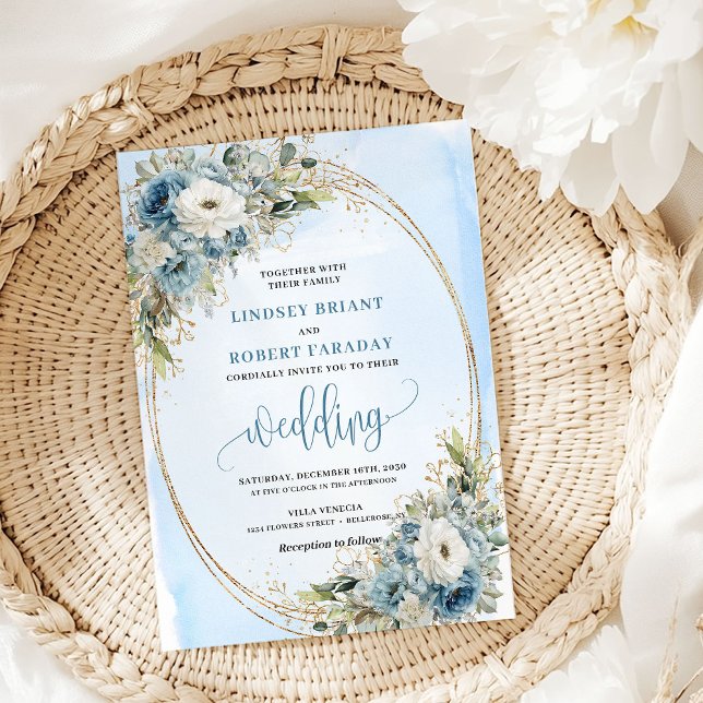 Invitaciones de boda de flores azules polvorientas (Watercolor Dusty Blue Flowers Gold Wedding Invitation)