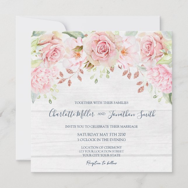 Invitaciones de boda de flores rosadas rústicas de (Anverso)