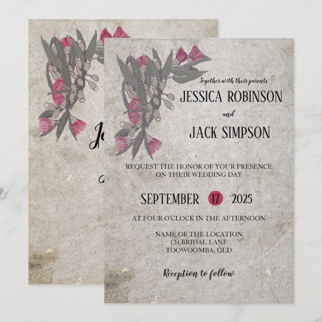 Invitaciones de boda de flores silvestres australi (Anverso / Reverso)