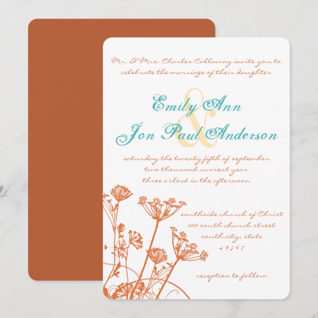 Invitaciones de boda de flores silvestres Coral Ro (Anverso / Reverso)