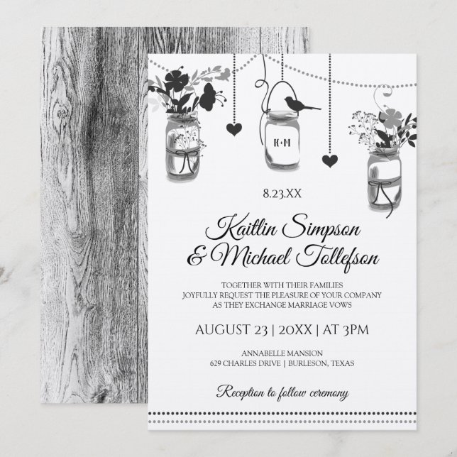 Invitaciones de boda de frasco de albañil rústico  (Anverso / Reverso)