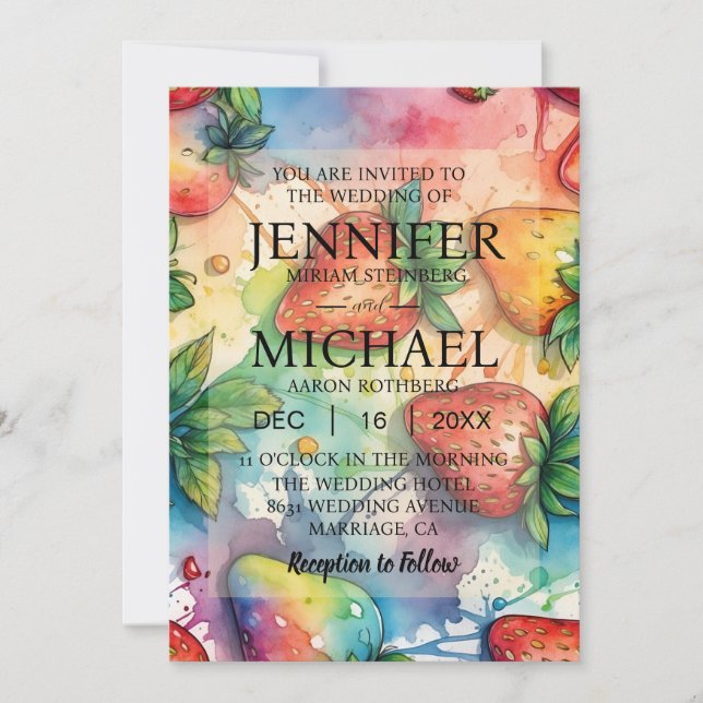 Invitaciones de boda de fresas arcoíris (Anverso)
