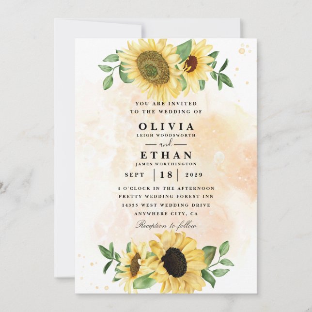 Invitaciones de boda de girasol acuarela (Anverso)