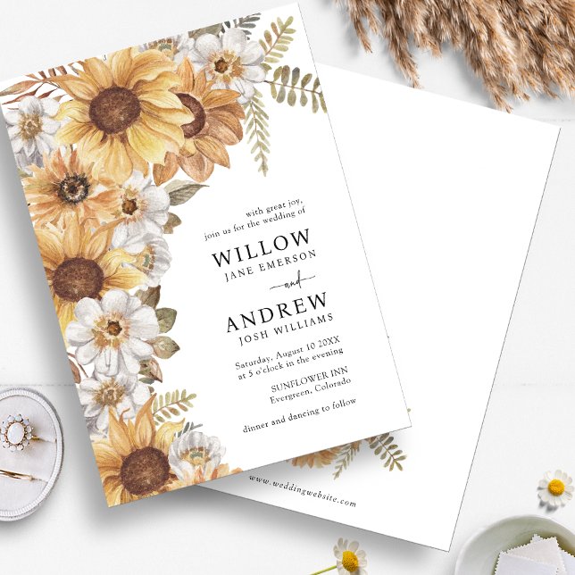 Invitaciones de boda de girasoles rústicos (Rustic Watercolor Sunflower Floral Wedding Invitations by Painted Paperie
)