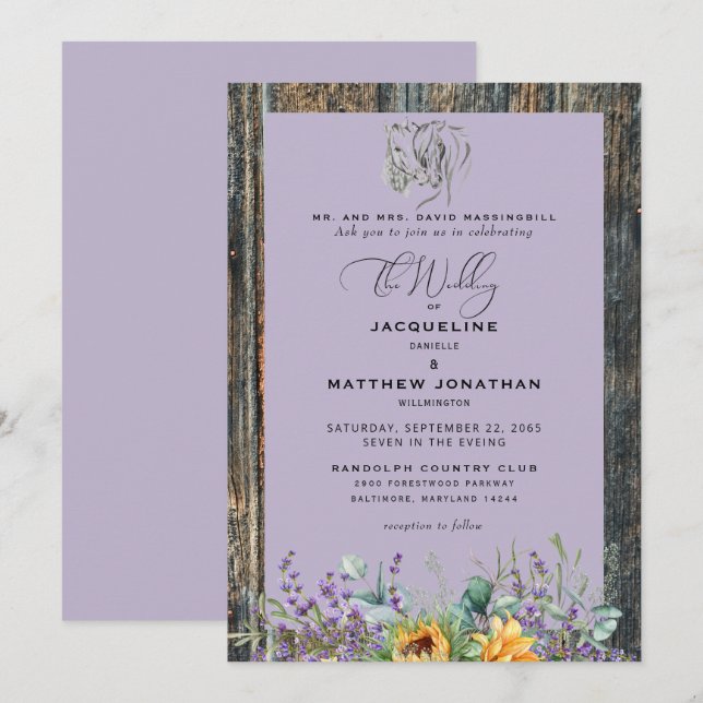 Invitaciones de Boda de Girasoles Rústicos Caballo (Anverso / Reverso)