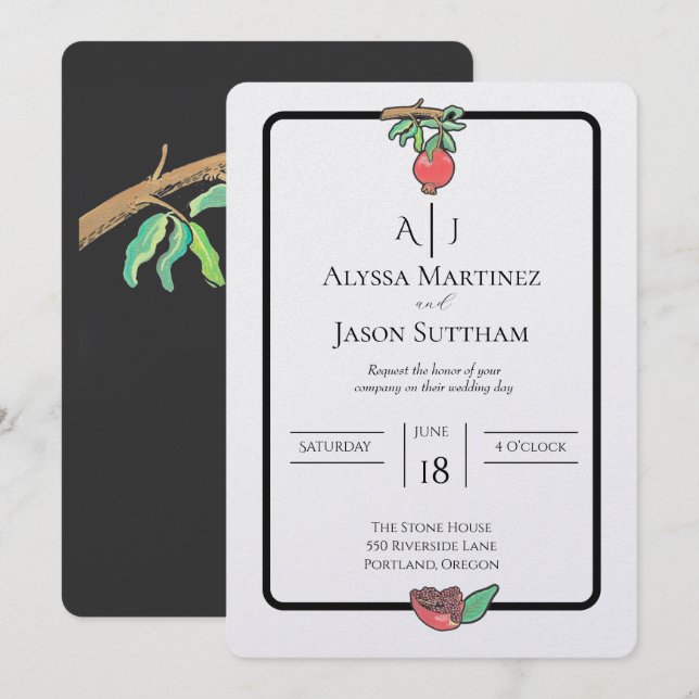 Invitaciones de boda de granada pintadas a mano (Anverso / Reverso)