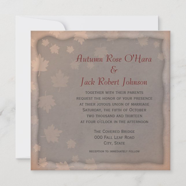 Invitaciones de boda de hoja de otoño gris marrón  (Anverso)