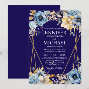 Invitaciones de boda de invierno azul marino y dor