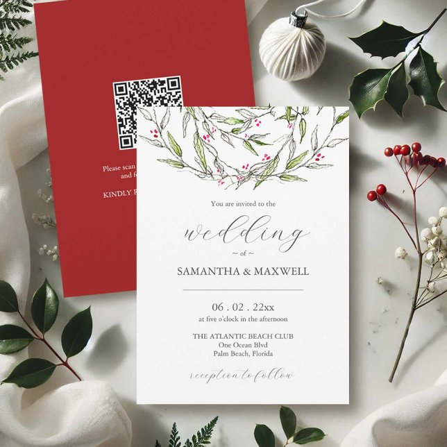 Invitaciones de Boda de Invierno con código QR (Christmas wedding invitations printing with hand painted art by Victoria Grigaliunas Do Tell A Belle)