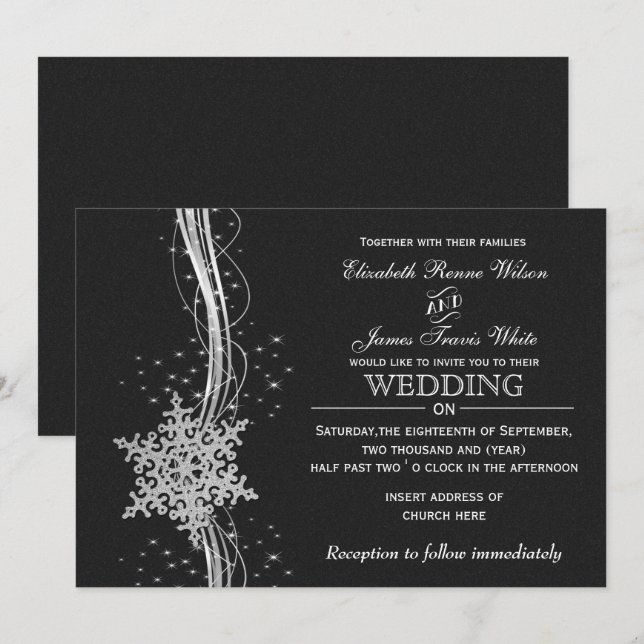 invitaciones de boda de invierno de Black Silver S (Anverso / Reverso)