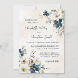 Invitaciones de boda de invierno florales azules e