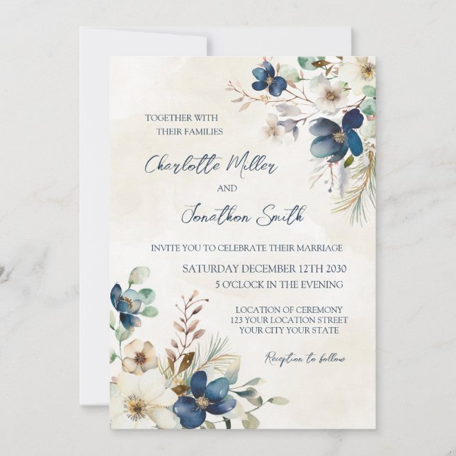 Invitaciones de boda de invierno florales azules e (Anverso)
