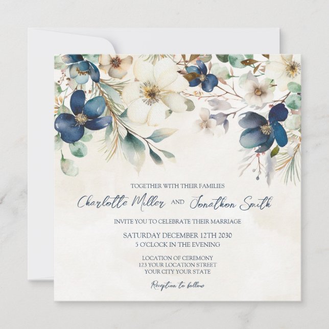 Invitaciones de boda de invierno florales azules e (Anverso)